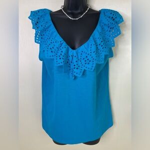 Vintage M&Co Turquoise Eyelet Top Women’s Size 8 100% Cotton, Boho Cottagecore